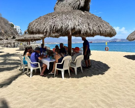 Casa de Sofia guests eating on the beach under a grass hut cover