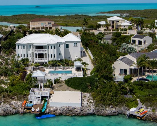 View of Blue Island Villa from a drone flying over Chalk Sound