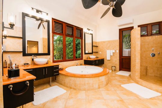 Cabarete Dreams master bathroom, showcasing a walk-in shower and large soaking tub