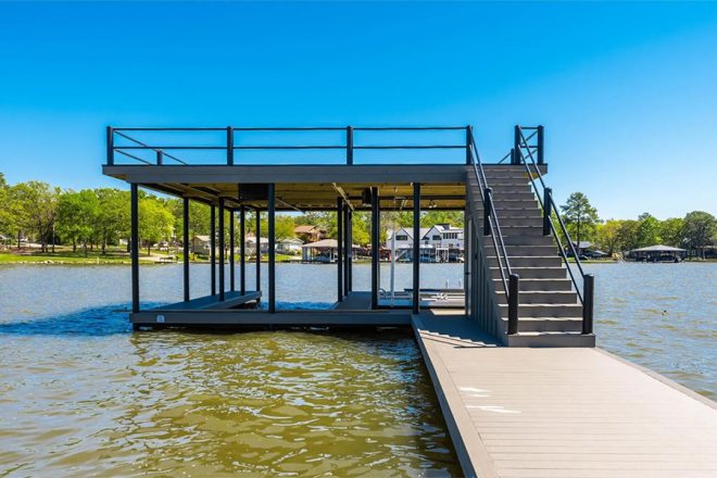 The 2-tier dock at Cedar Creek, which has ample room to park boats and enjoy the open upper deck.
